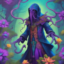 A detailed fantasy illustration of a Mind Flayer wearing a flashy, colorful suit