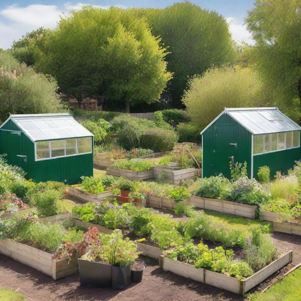 A typical UK allotment garden with various plots growing vegetables, fruits, and flowers