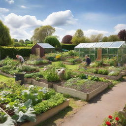 A typical UK allotment garden with various plots growing vegetables, fruits, and flowers