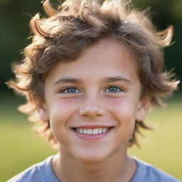 Portrait of a handsome, youthful boy with expressive eyes, sparkling with innocence and wonder. He has a warm smile and ruffled hair casting gentle shadows on his forehead.