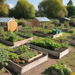 A typical UK allotment garden with various plots growing vegetables, fruits, and flowers