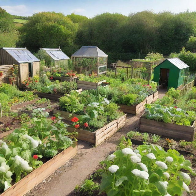 A typical UK allotment garden with various plots growing vegetables, fruits, and flowers