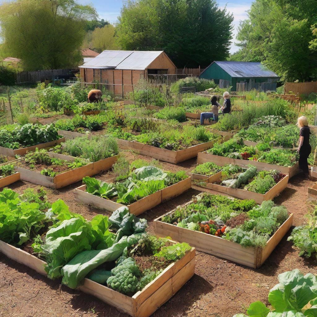 A thriving allotment garden filled with various vegetables, fruits, and herbs