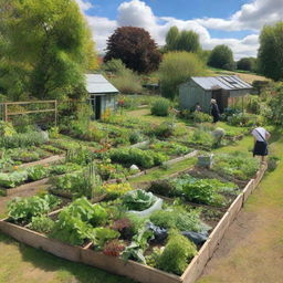 A thriving allotment garden filled with various vegetables, fruits, and herbs