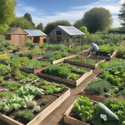 A thriving allotment garden filled with various vegetables, fruits, and herbs