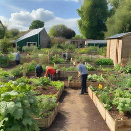 A thriving allotment garden filled with various vegetables, fruits, and herbs