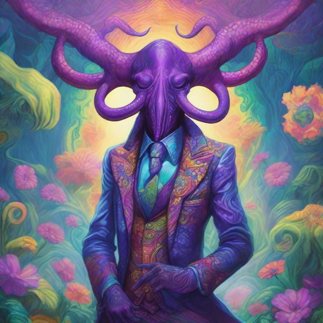 A detailed fantasy illustration of a gay Mind Flayer wearing a flashy, colorful suit