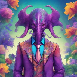 A detailed fantasy illustration of a gay Mind Flayer wearing a flashy, colorful suit