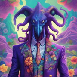 A detailed fantasy illustration of a gay Mind Flayer wearing a flashy, colorful suit