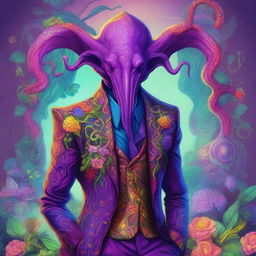 A detailed fantasy illustration of a gay Mind Flayer wearing a flashy, colorful suit