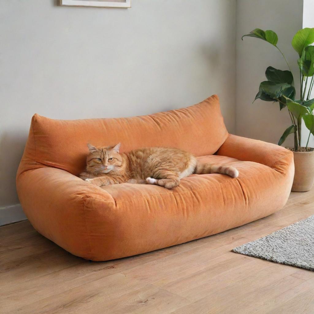 A comfortable couch designed to resemble an orange cat with its soft and plush structure.