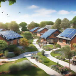 A vibrant sustainable community featuring eco-friendly homes with solar panels, green roofs, and rainwater harvesting systems