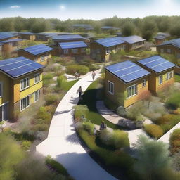 A vibrant sustainable community featuring eco-friendly homes with solar panels, green roofs, and rainwater harvesting systems