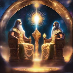 Two majestic gods sitting on thrones, surrounded by an infinite cosmos