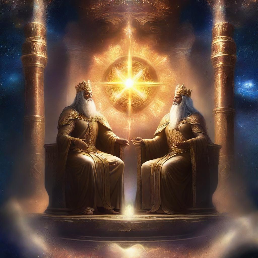 Two majestic gods sitting on thrones, surrounded by an infinite cosmos
