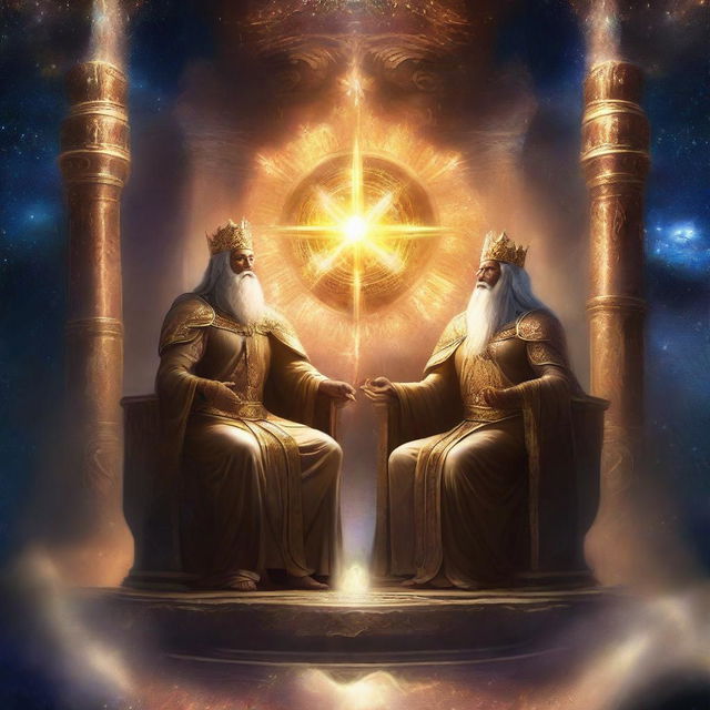 Two majestic gods sitting on thrones, surrounded by an infinite cosmos