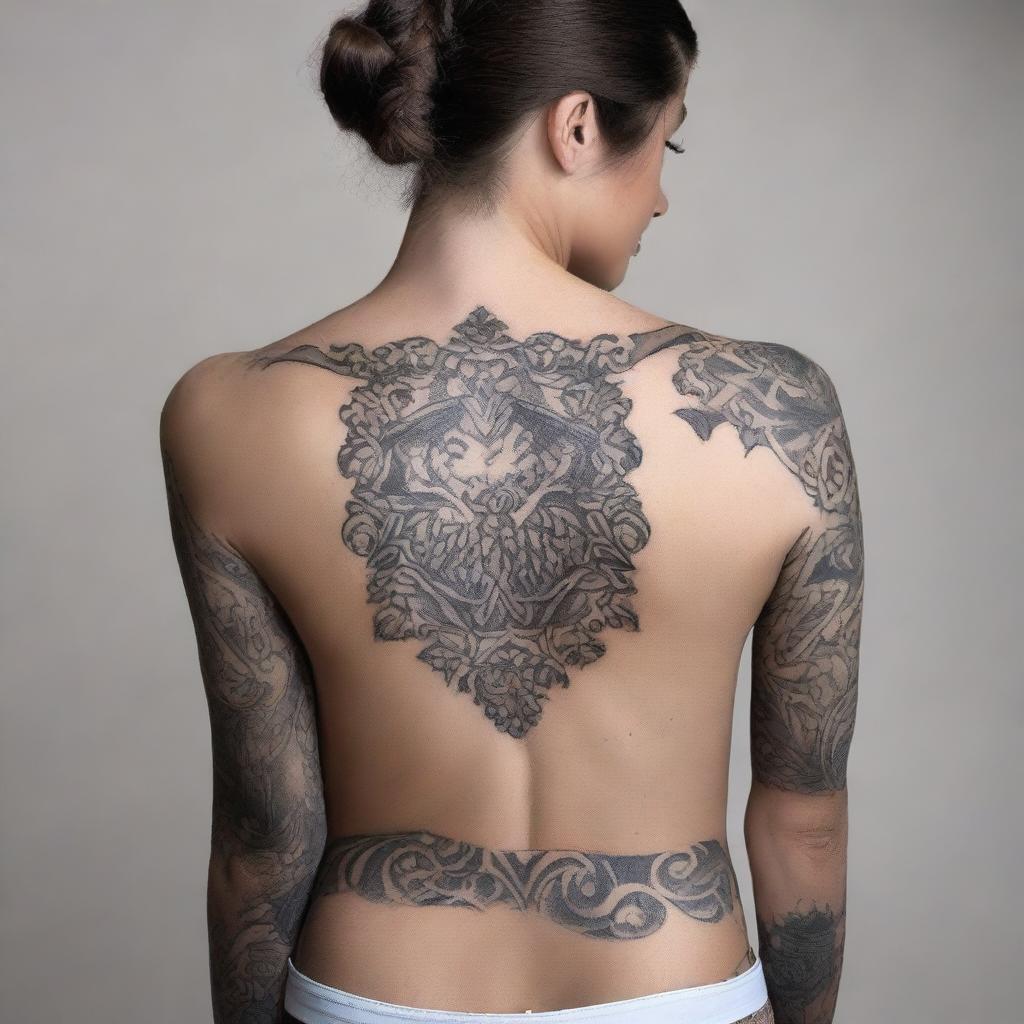 A young woman with a tattoo on her side, standing in a relaxed pose