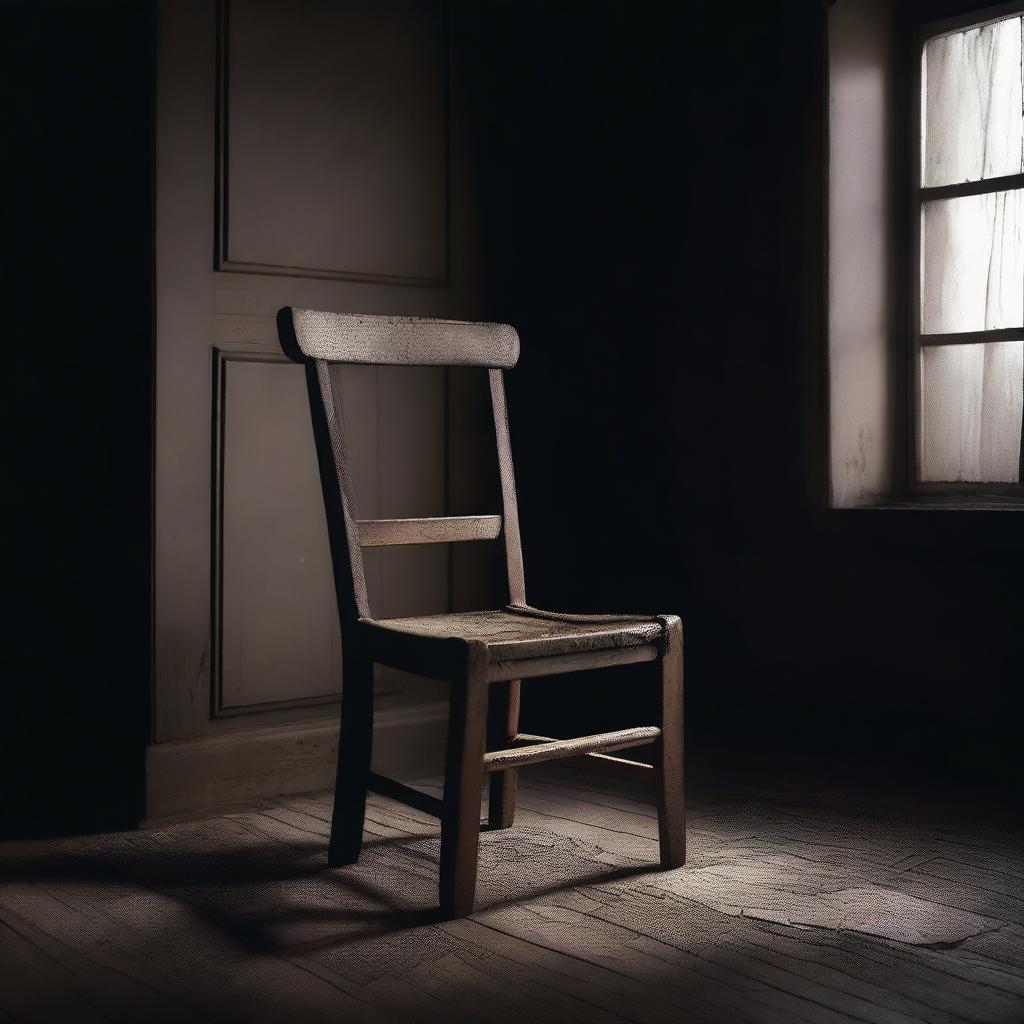 A dark and eerie scene featuring an old, creepy chair in the center of a dimly lit room