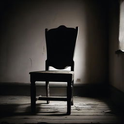 A dark and eerie scene featuring an old, creepy chair in the center of a dimly lit room