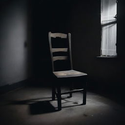 A dark and eerie scene featuring an old, creepy chair in the center of a dimly lit room