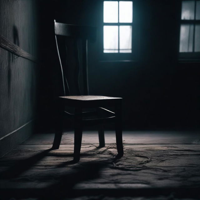 A dark and eerie scene featuring an old, creepy chair in the center of a dimly lit room