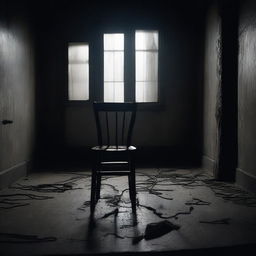 A dark and eerie scene featuring an old, creepy chair in the center of a dimly lit room