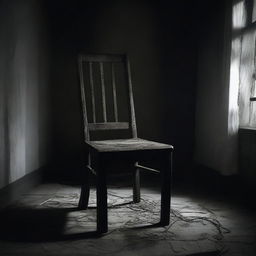 A dark and eerie scene featuring an old, creepy chair in the center of a dimly lit room