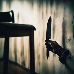 A close-up of a hand holding a knife, with a horror movie atmosphere