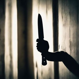 A close-up of a hand holding a knife, with a horror movie atmosphere