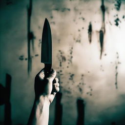 A close-up of a hand holding a knife, with a horror movie atmosphere