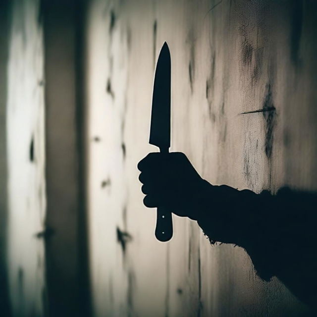 A close-up of a hand holding a knife, with a horror movie atmosphere