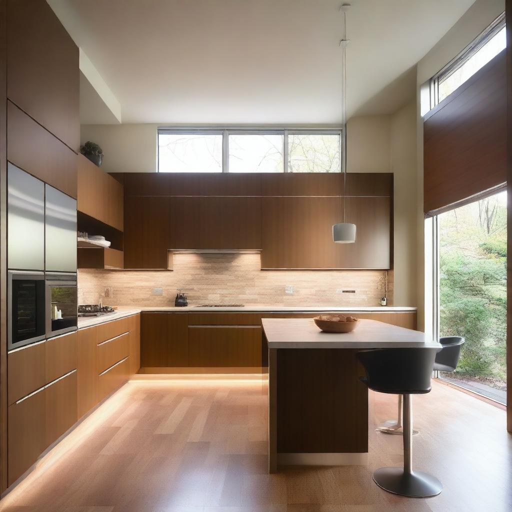 A modern kitchen featuring walnut wood cabinetry