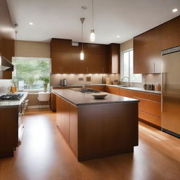 A modern kitchen featuring walnut wood cabinetry