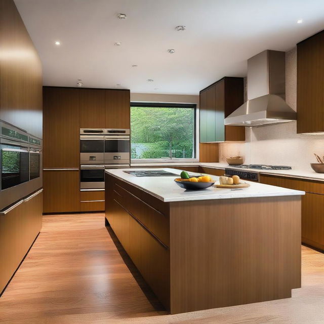 A modern kitchen featuring walnut wood cabinetry