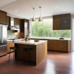 A modern kitchen featuring walnut wood cabinetry