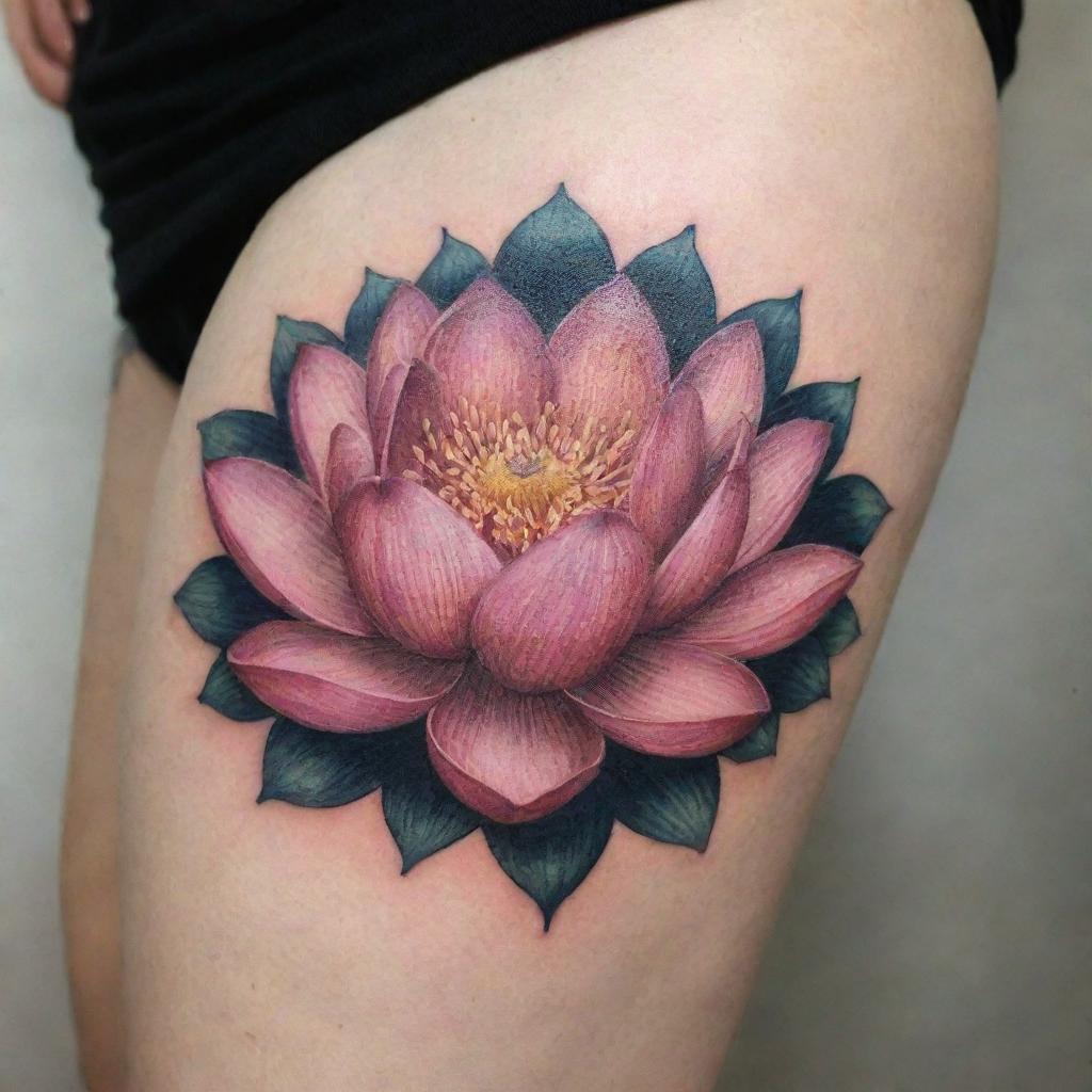 An aesthetic tattoo featuring a beautifully rendered lotus flower.