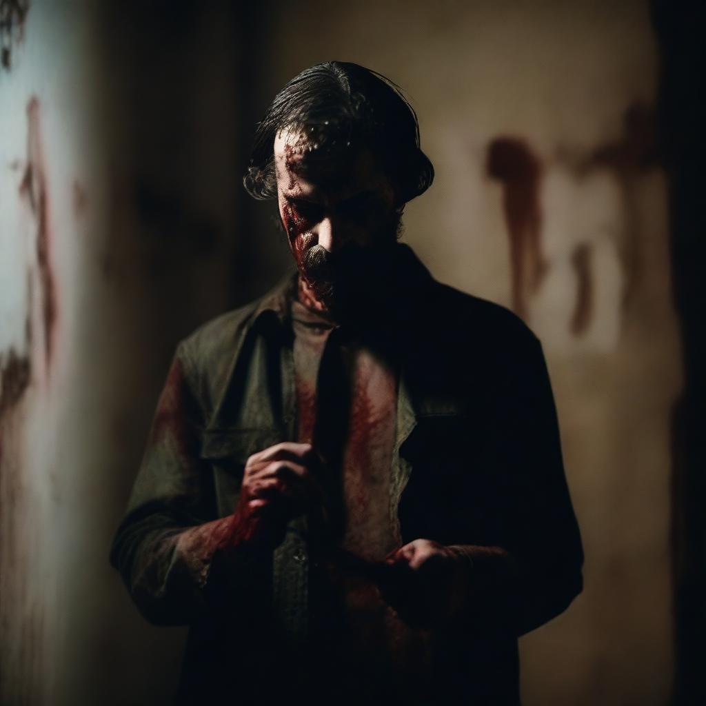 A close-up shot of a sinister man holding a bloody knife, standing against a dimly lit wall with an old, creaky chair in the background