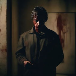 A close-up shot of a sinister man holding a bloody knife, standing against a dimly lit wall with an old, creaky chair in the background