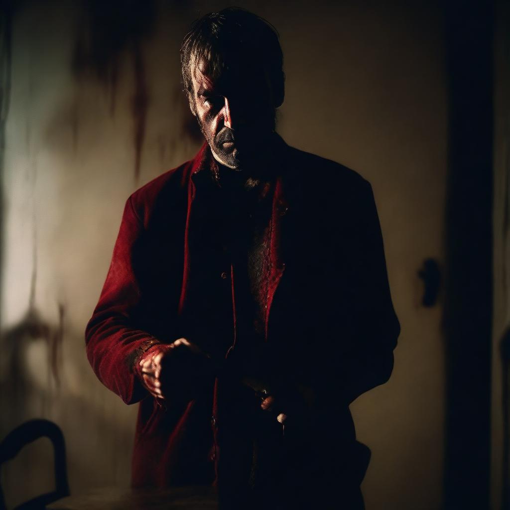 A close-up shot of a sinister man holding a bloody knife, standing against a dimly lit wall with an old, creaky chair in the background