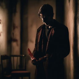 A close-up shot of a sinister man holding a bloody knife, standing against a dimly lit wall with an old, creaky chair in the background