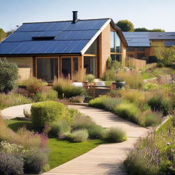 A sustainable design community in England featuring eco-friendly homes with solar panels, green roofs, and rainwater harvesting systems