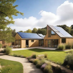 A sustainable design community in England featuring eco-friendly homes with solar panels, green roofs, and rainwater harvesting systems