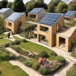 A sustainable design community in England featuring eco-friendly homes with solar panels, green roofs, and rainwater harvesting systems