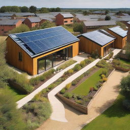 A sustainable design community in England featuring eco-friendly homes with solar panels, green roofs, and rainwater harvesting systems