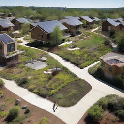 A sustainable design community featuring eco-friendly homes with solar panels, green roofs, and rainwater harvesting systems