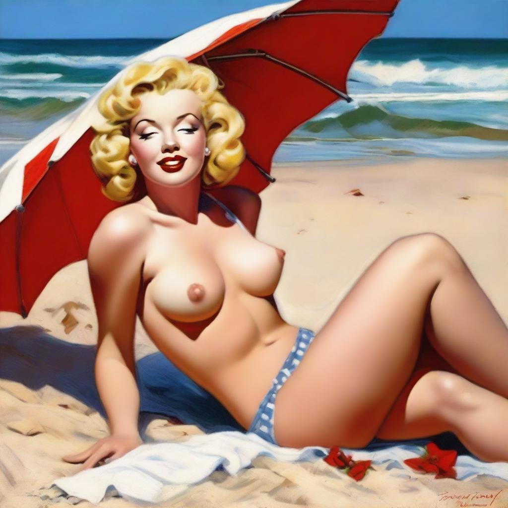 A beautiful pinup painting of Marilyn Monroe laying on the beach