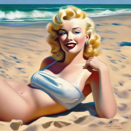 A beautiful pinup painting of Marilyn Monroe laying on the beach