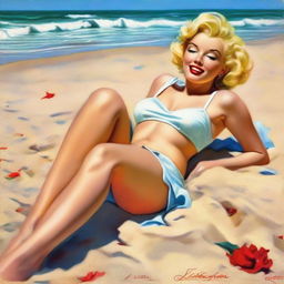 A beautiful pinup painting of Marilyn Monroe laying on the beach