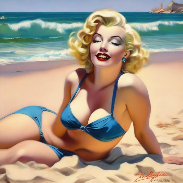 A beautiful pinup painting of Marilyn Monroe laying on the beach