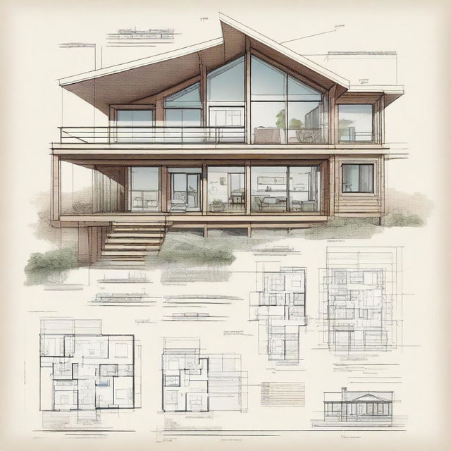 A detailed architectural drawing of a modern residential house